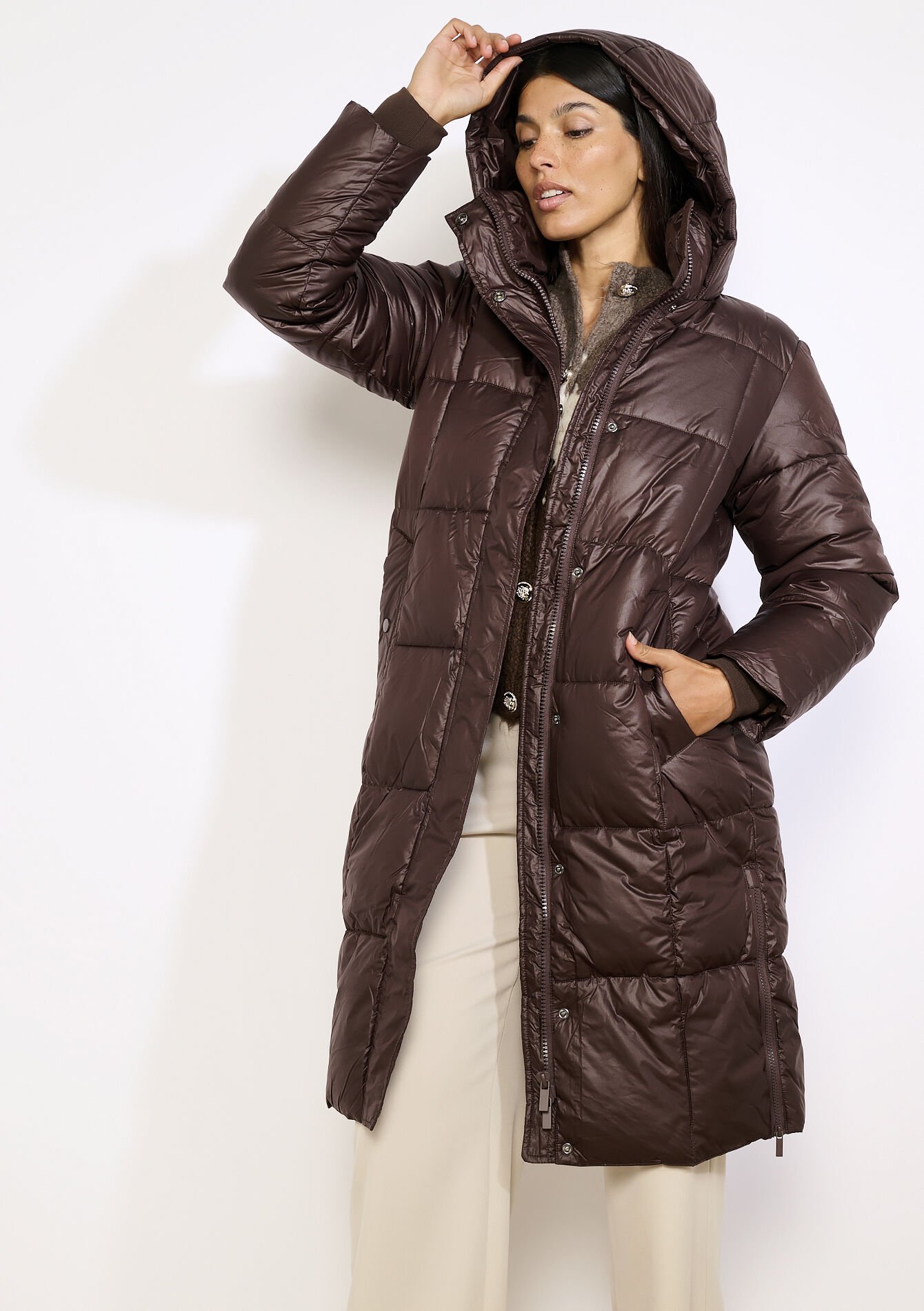 Lange gewatteerde jas, Lange gewatteerde jas - BROWN DARK CHOCOLATE - 23000775_3720