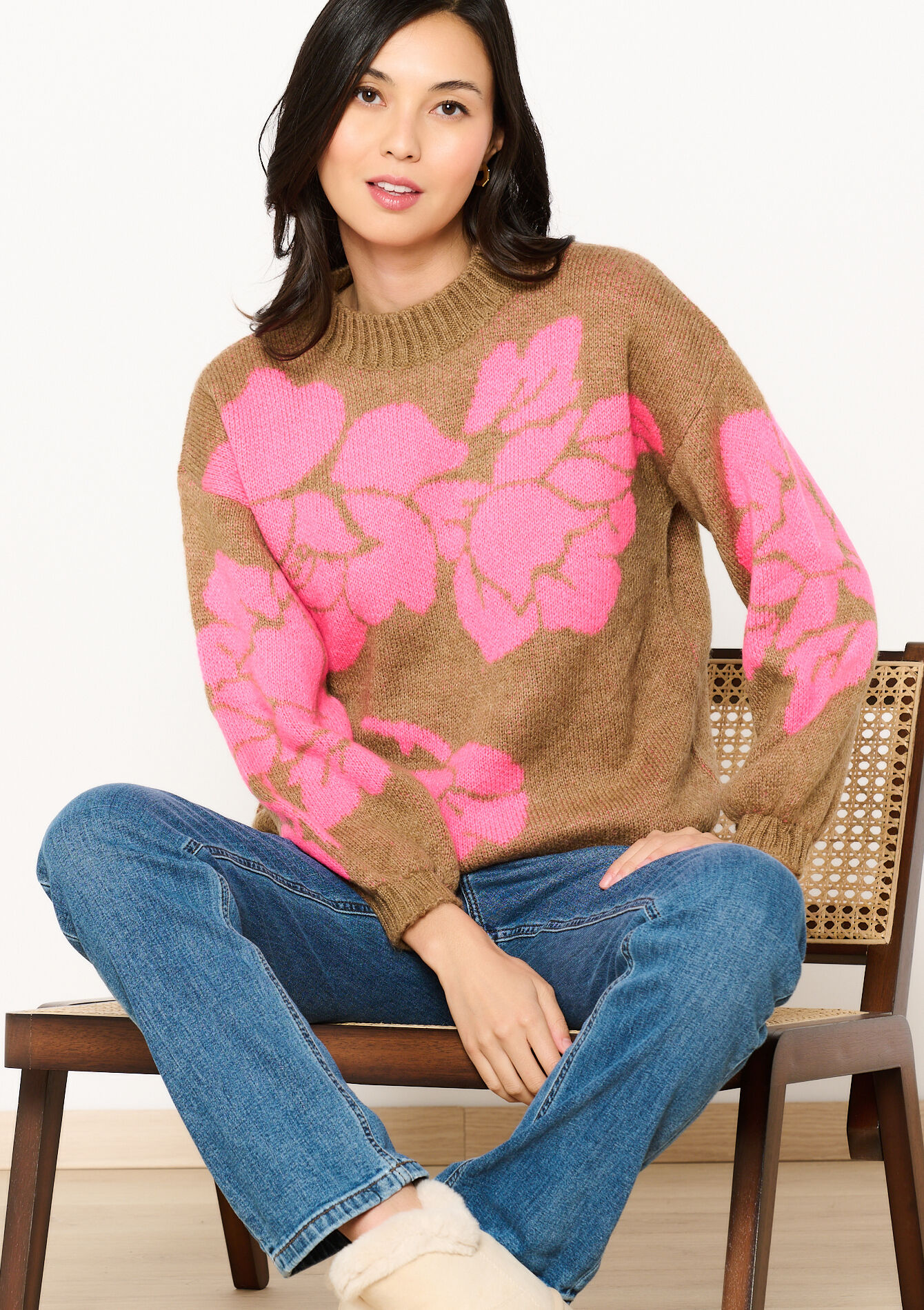 Jacquard trui met bloemenprint - TAUPE - 1120014