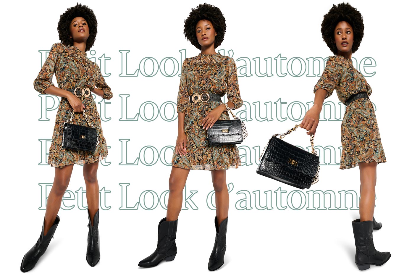 printed retro dress with black belt, crocodil inspired bag and black leather cowboy boots.