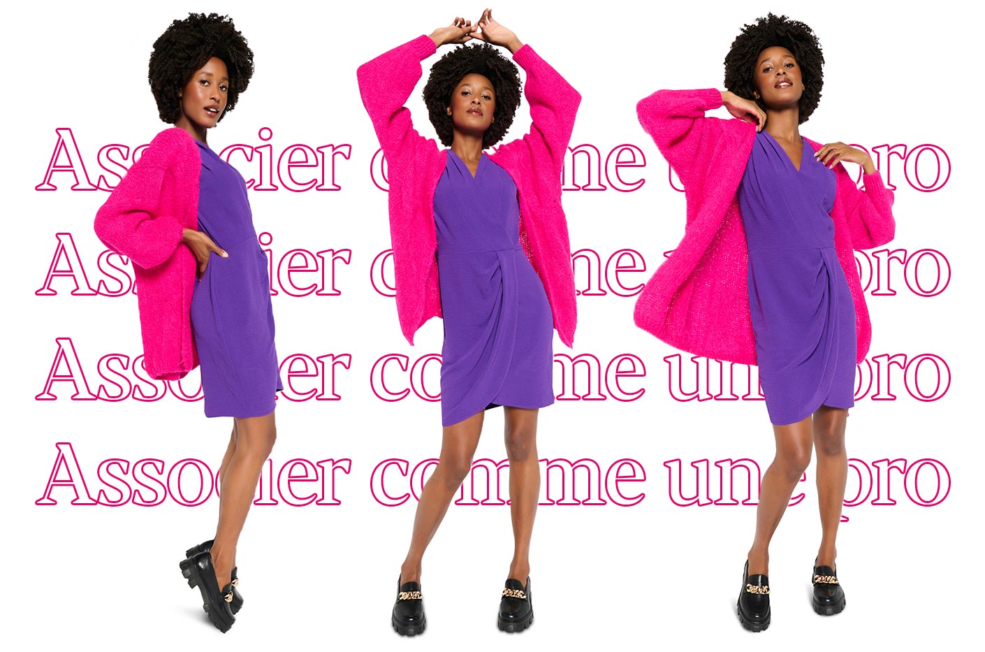 Purple bodycon dress with pink open cardigan and black mocassins