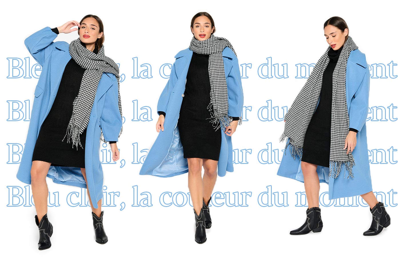 Pastel blue long autumn coat with black dress and black ankle cowboy boots  with a chequered black and white scarf.
