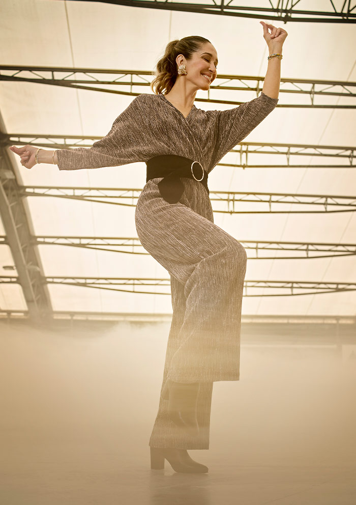 Tiany Kiriloff lurex jumpsuit with big velvet belt.