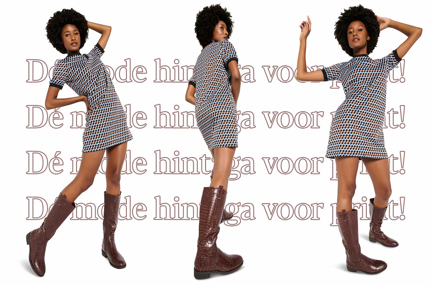 Mini dress in retro print with high boots