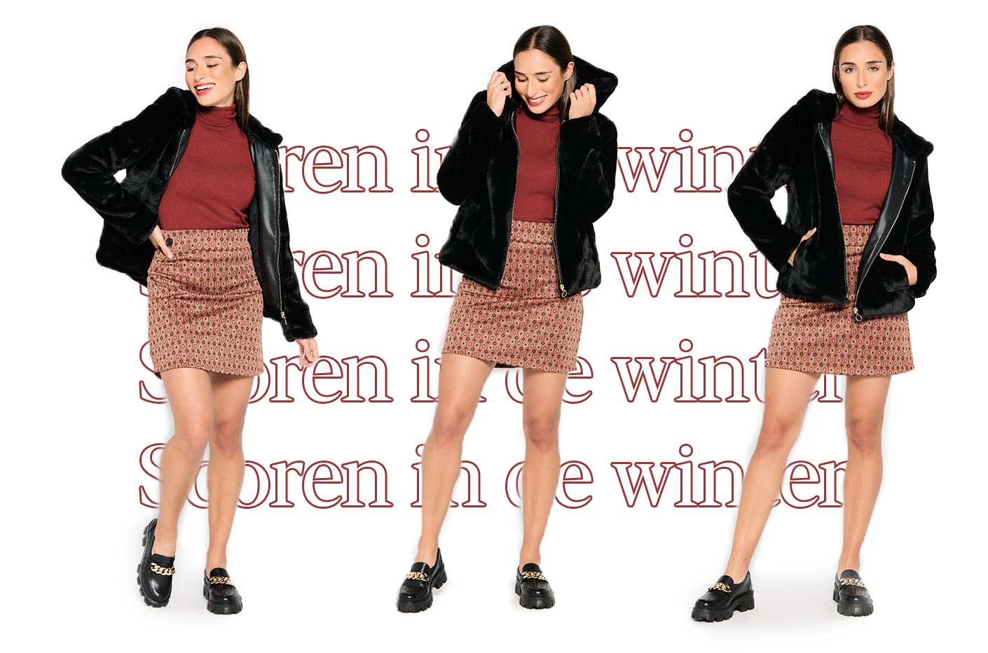retro printed mini skirt with a turtle neck sweater and fluffy cropped jacket in black with black moccasins.