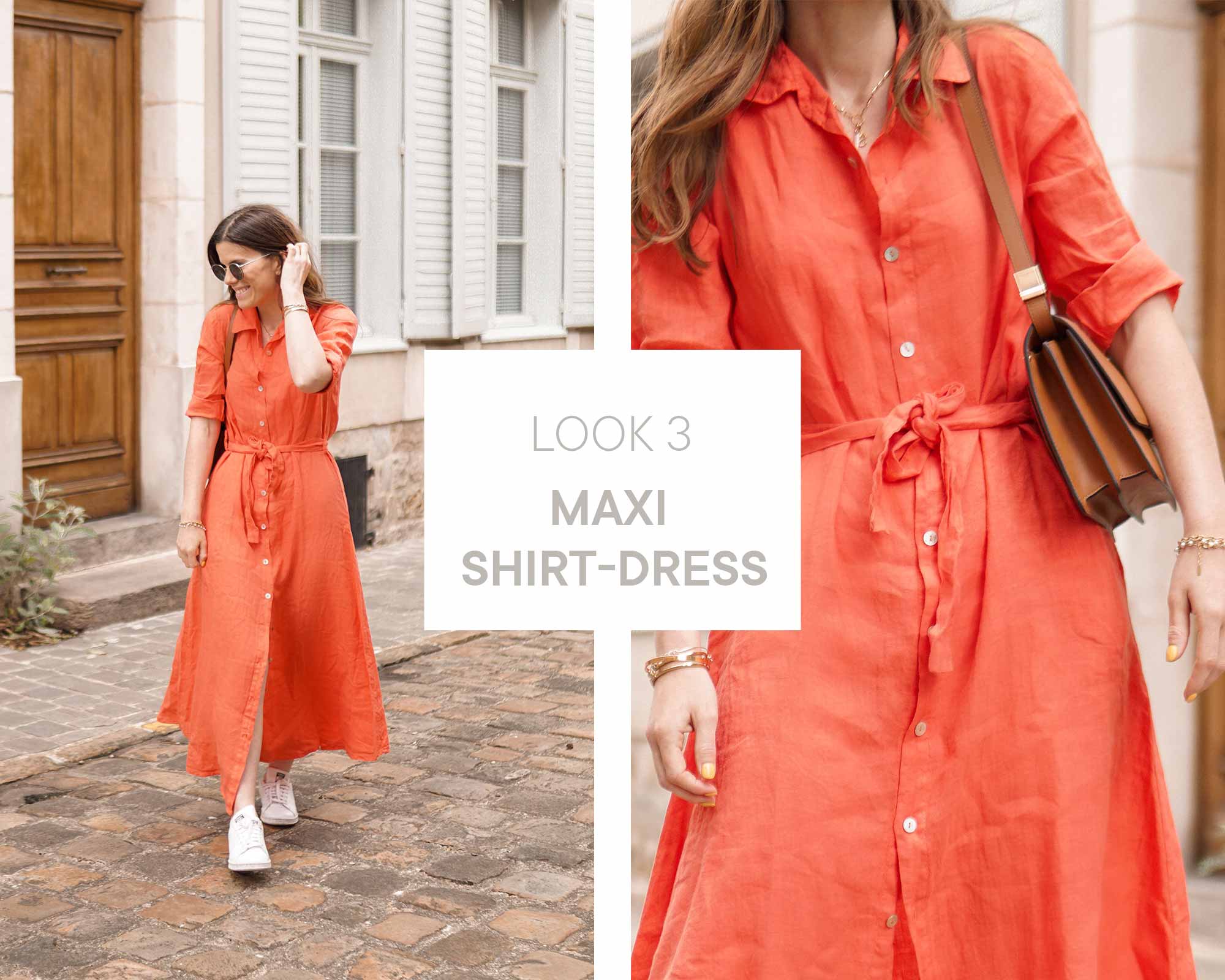 Alexia wearing a coral linen maxi dress with retro sunglasses in the streets of paris. 