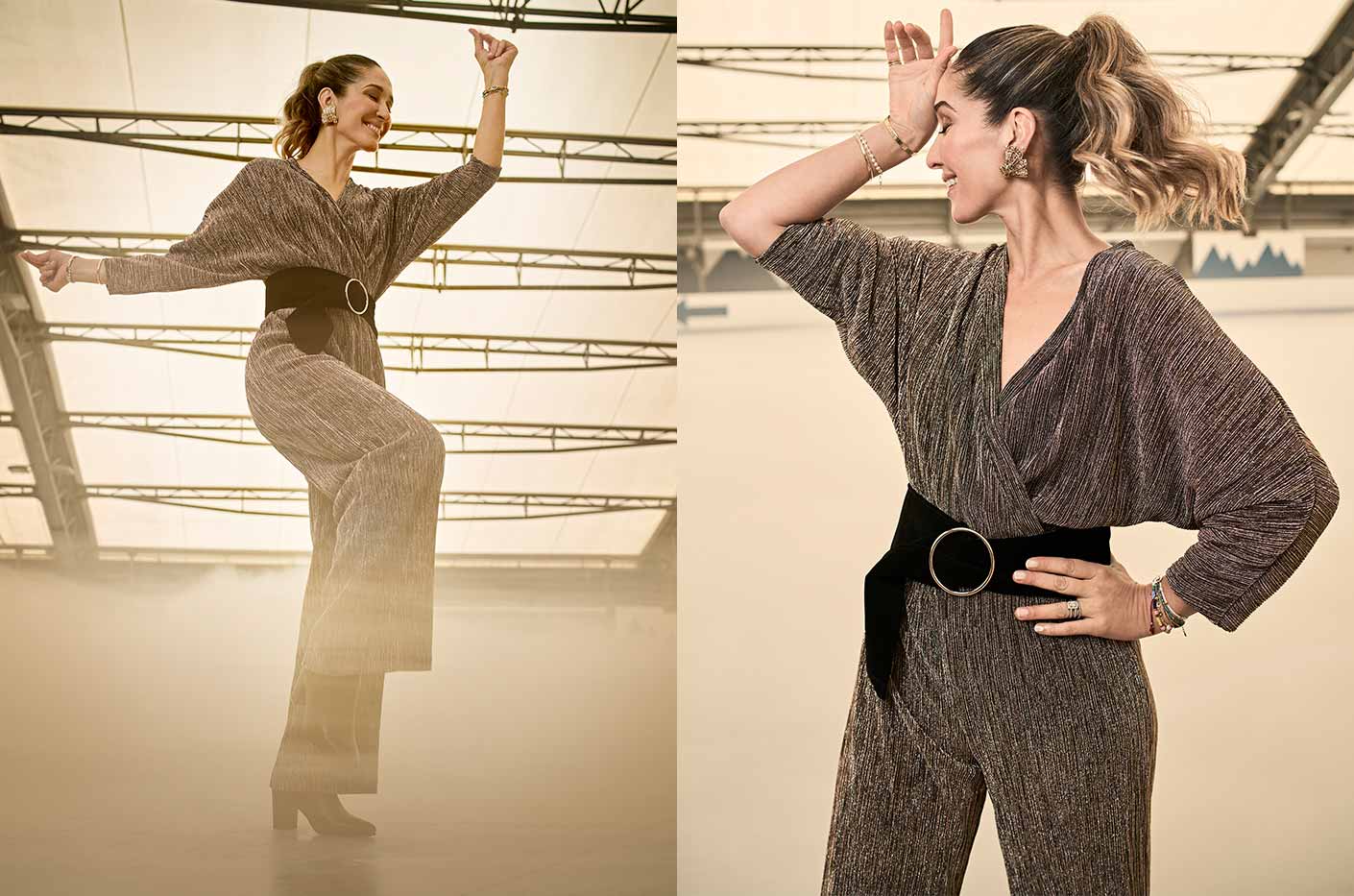 Long jumpsuit with lurex details styled with a big velvet belt.