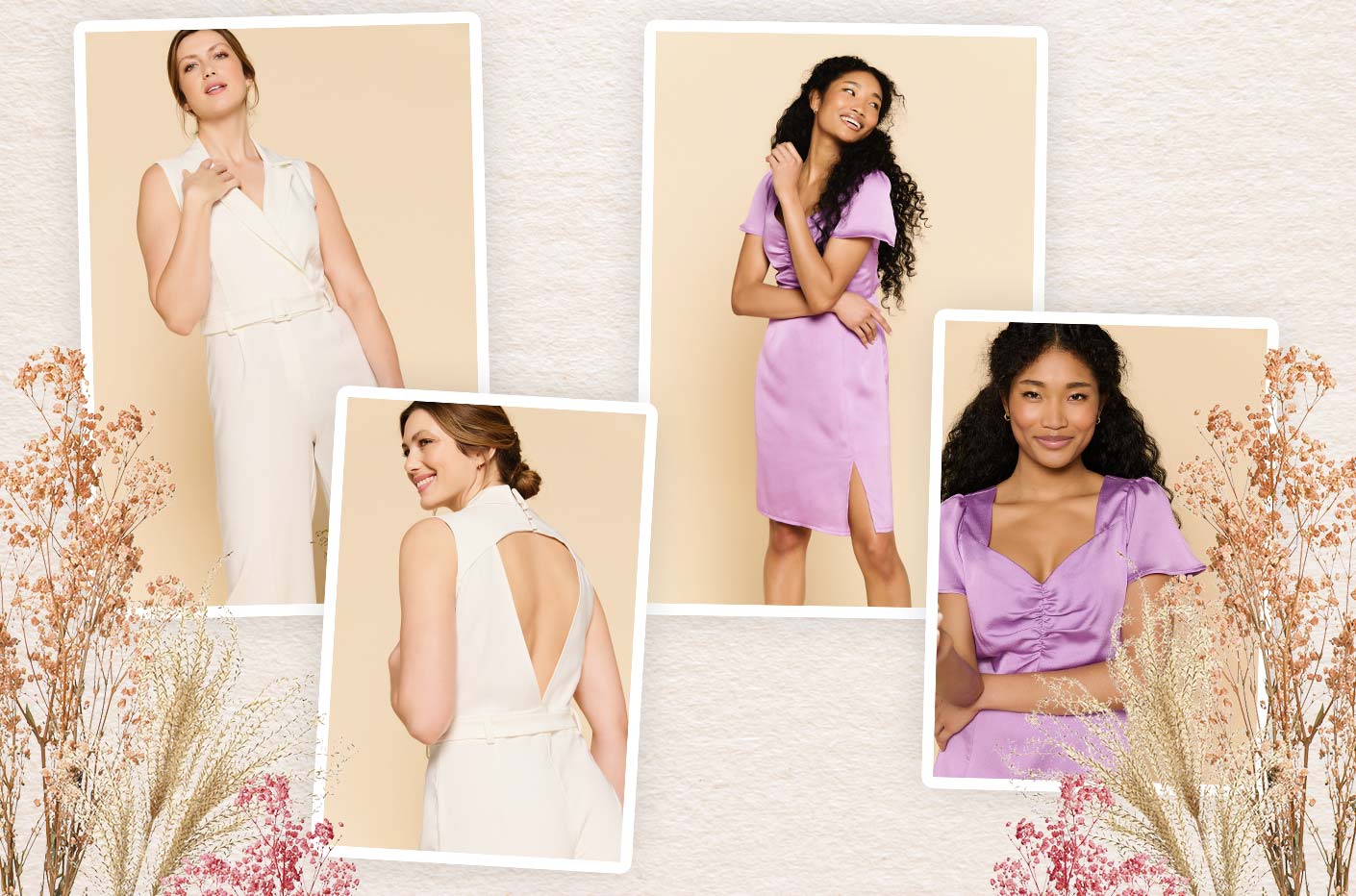 Bridal jumpsuit and purple satin dress