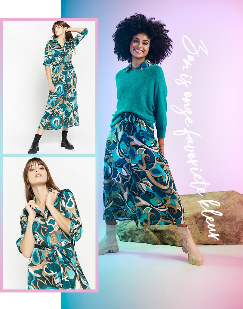 Long maxi dress in retro print styled with a turquoise long sleeve sweater and beige ankle boots