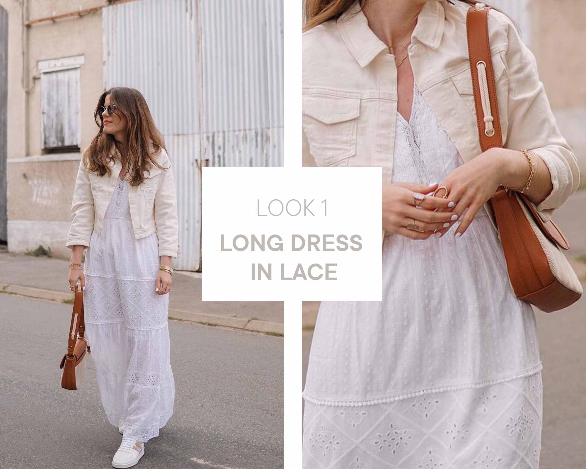 Alexia wearing a long white dress with cream white jacket and white shoes. Wearing a brown shoulder bag and retro sunglasses.