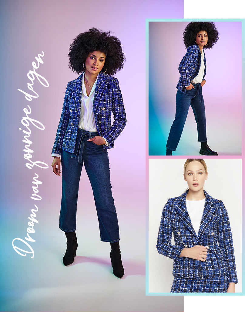 blue tweed blazer styled with a pair of denim jeans, white blouse and black boots