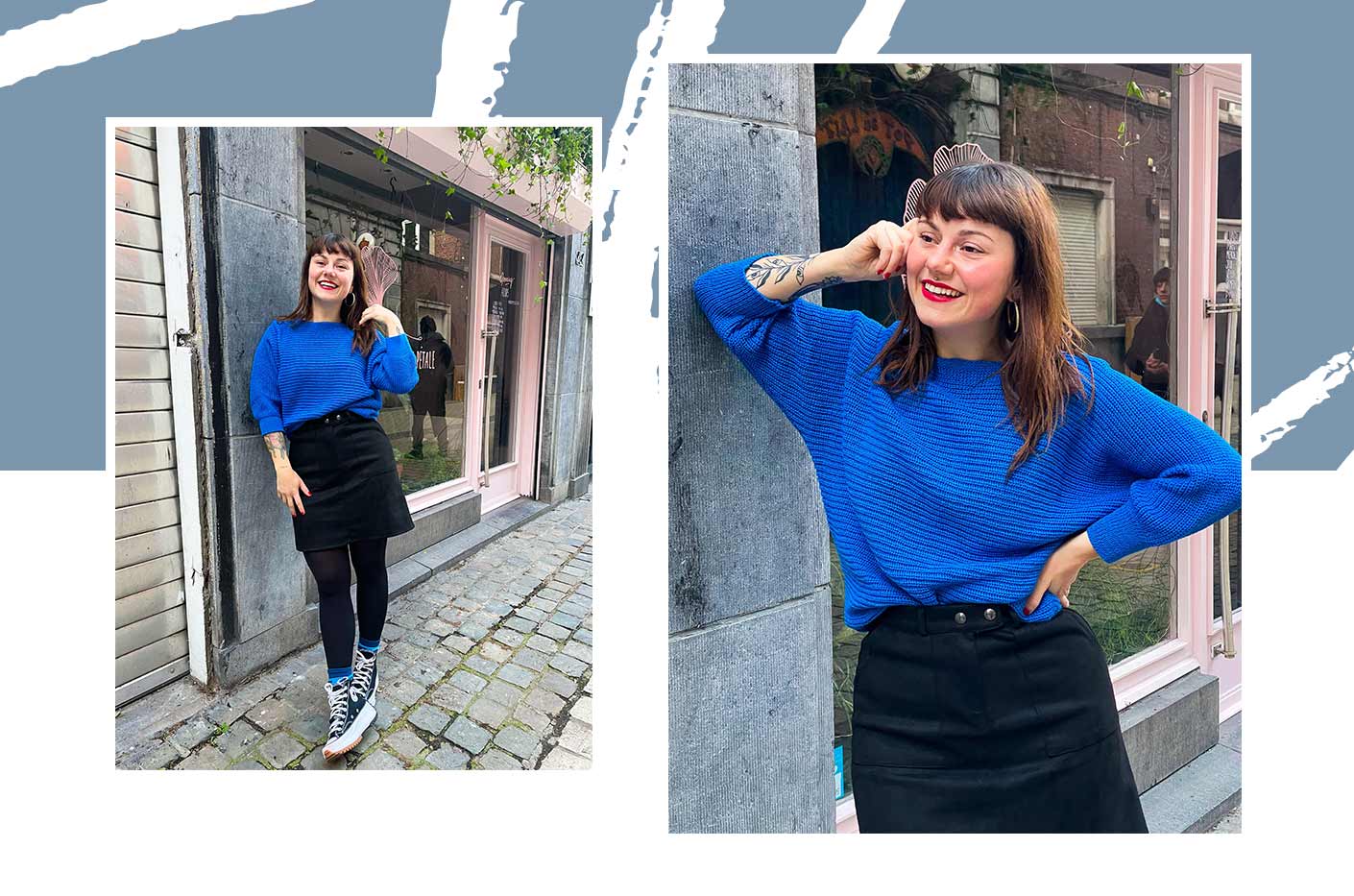 The lively Alessia wearing a blue bat-sleeved pullover with a black short suede skirt and a small shoulder bag with croco pattern.