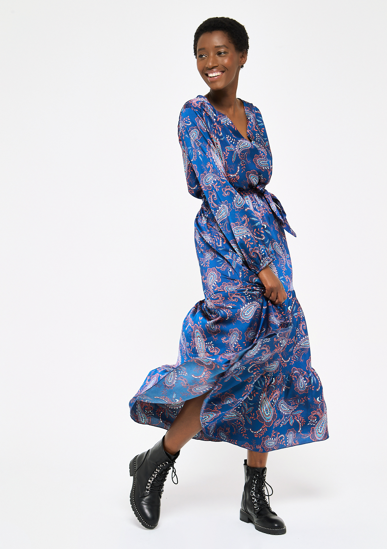 Lange jurk met print en lange mouwen - NAVY BLUE - 08601430_1651