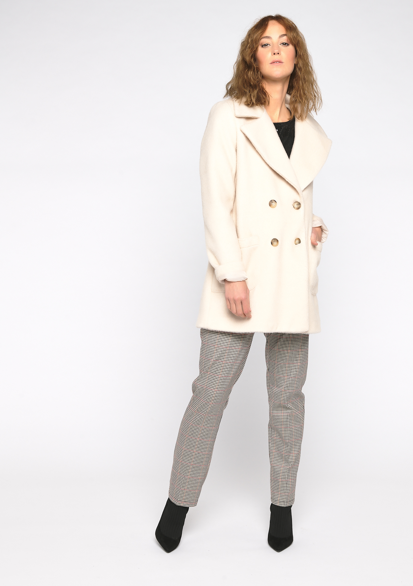 Long coat with wide collar and buttons - IVORY CREAM - 23000198_1049
