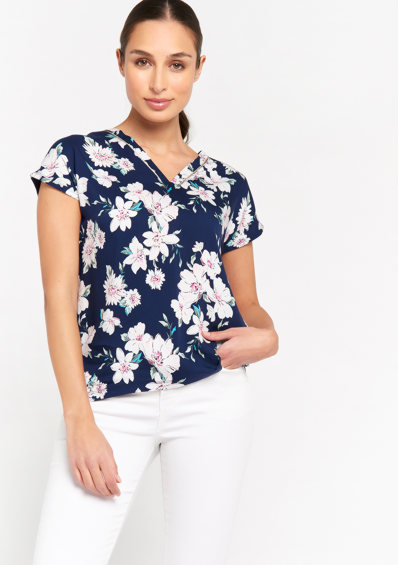 Floral print T-shirt with lurex trim - NAVY MARINE - 02300882_1650