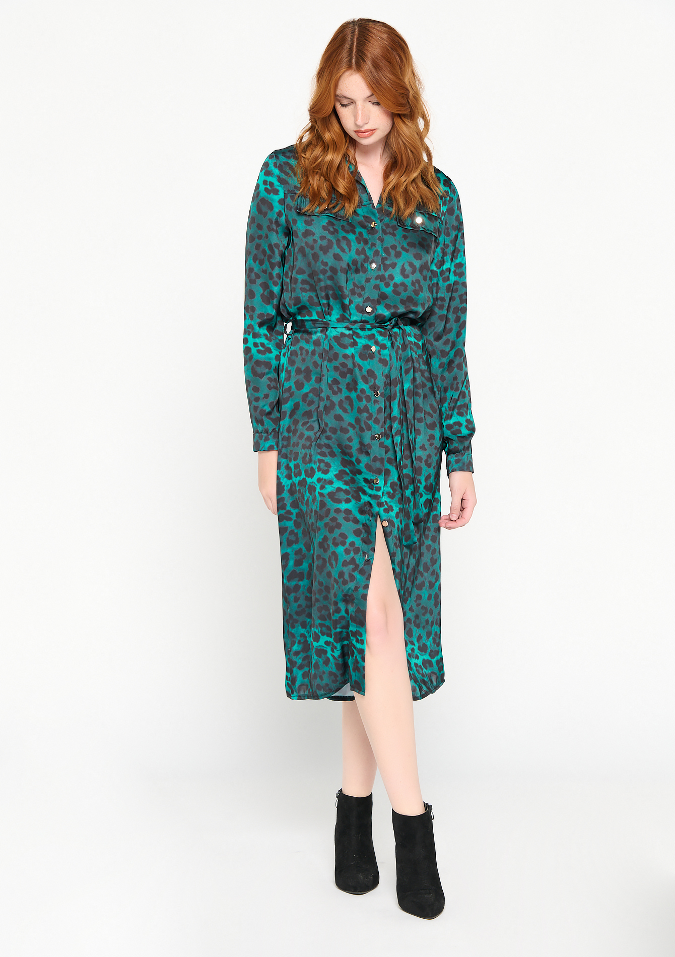 Leopard print shirt dress - EMERALD GREEN  - 08601472_414