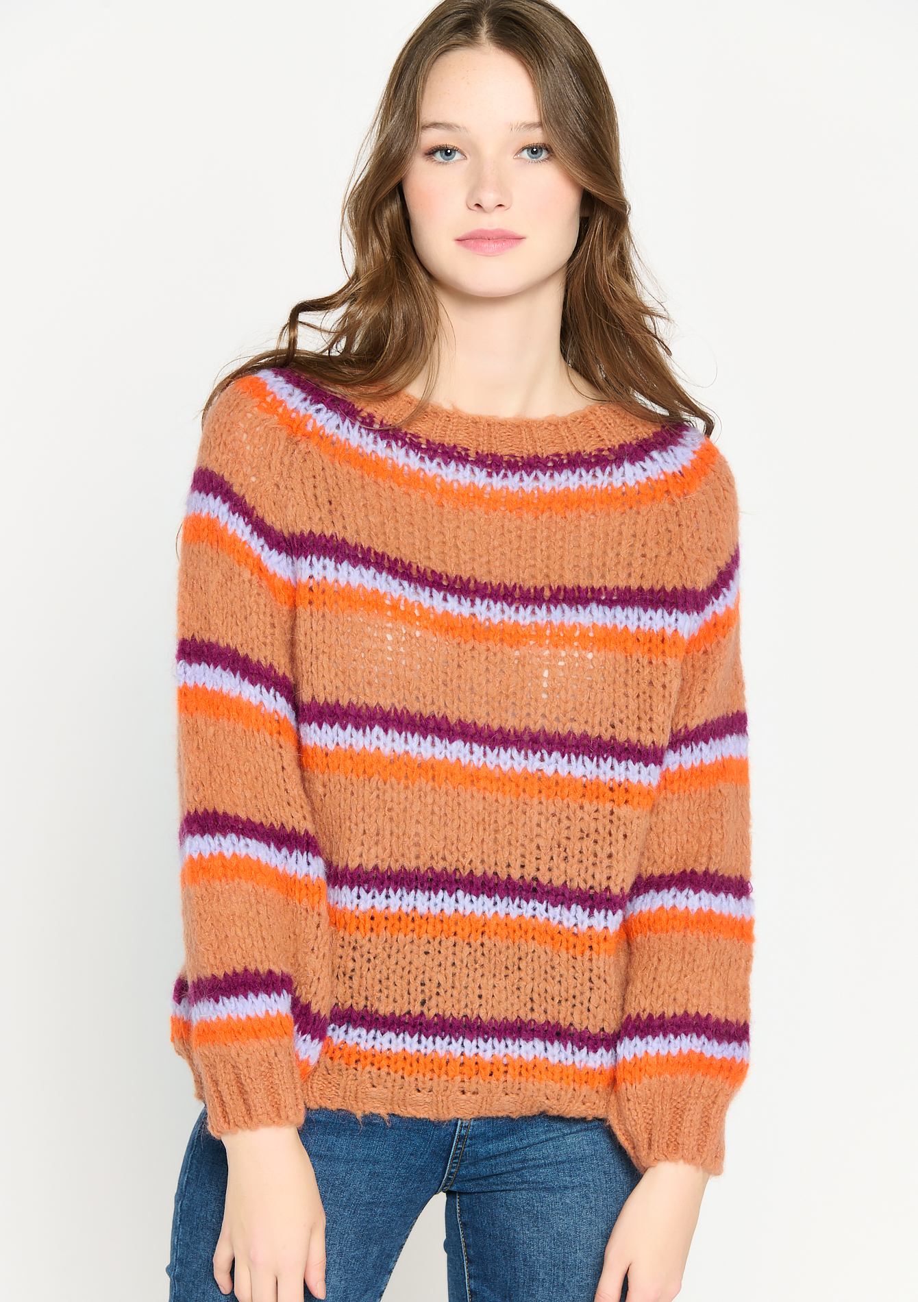 Pull en tricot à rayures colorées - RUST - 04005726_3718