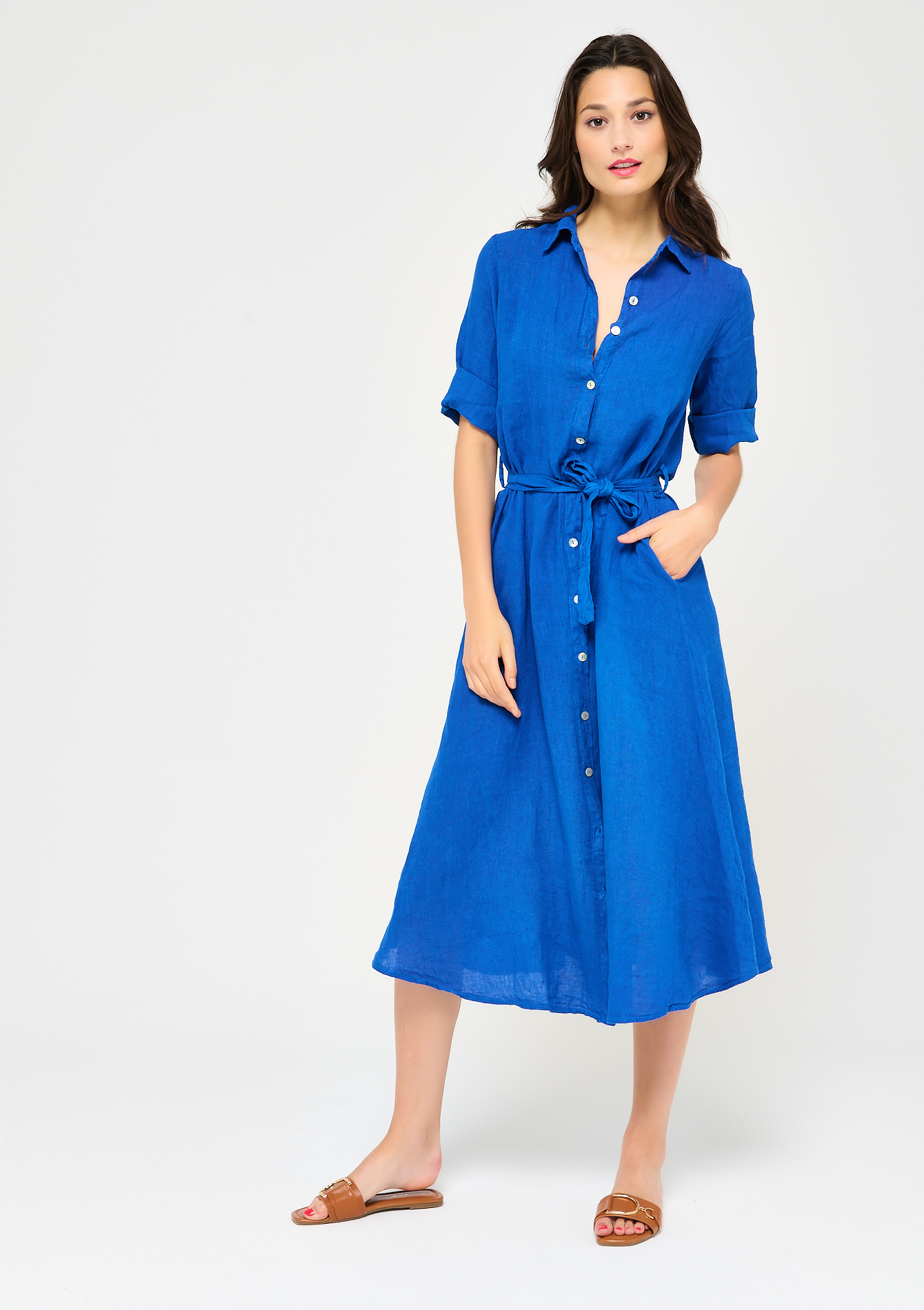 Maxi overhemd jurk met ceintuur - ELECTRIC BLUE - 08601337_1619