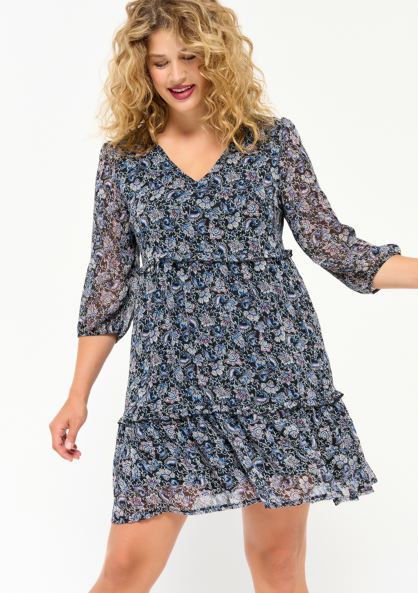Three-quarter sleeve floral print dress - NAVY BLUE - 08102639_1651
