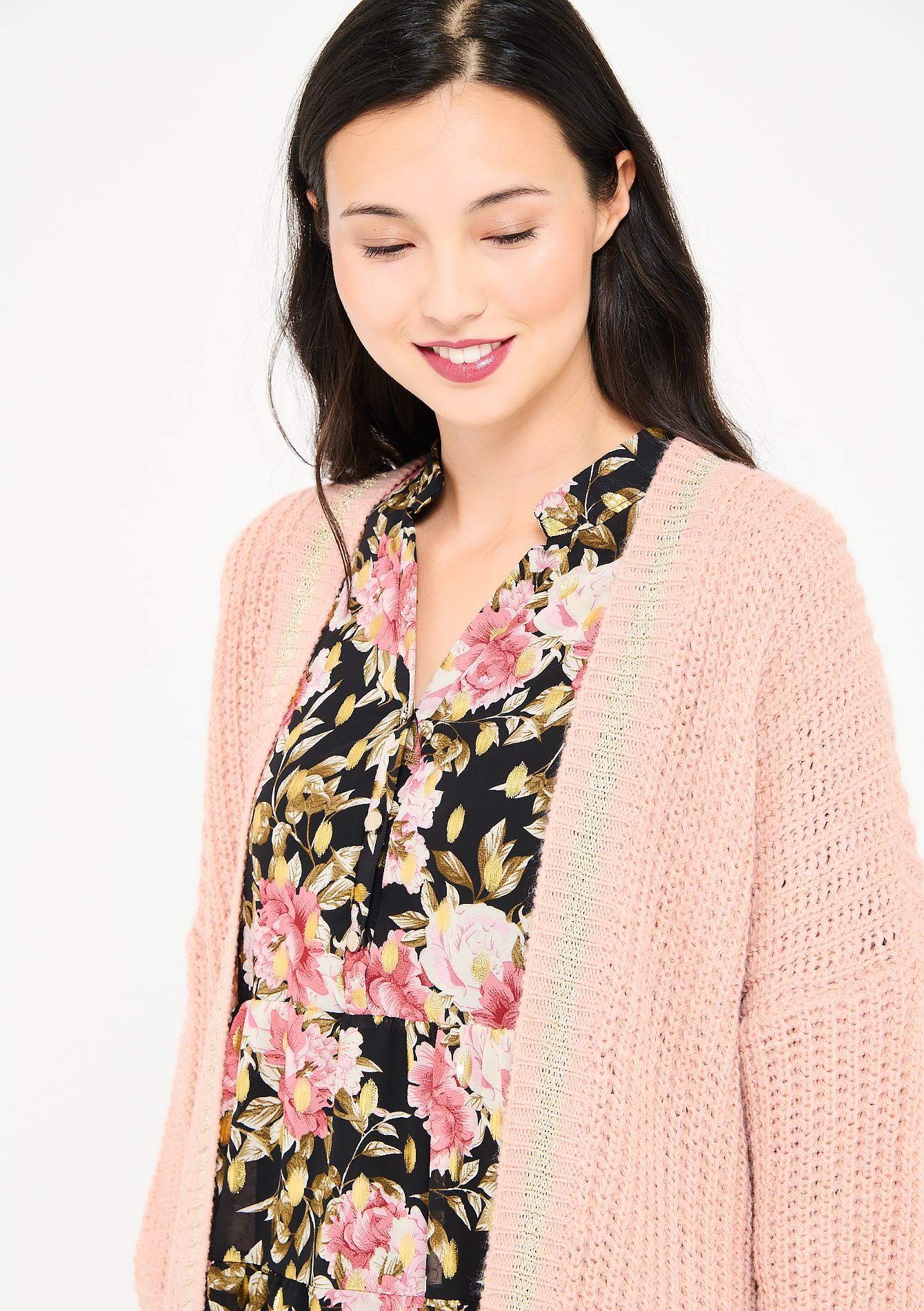 Knitted open lurex cardigan - NUDE PINK - 04100900_1301