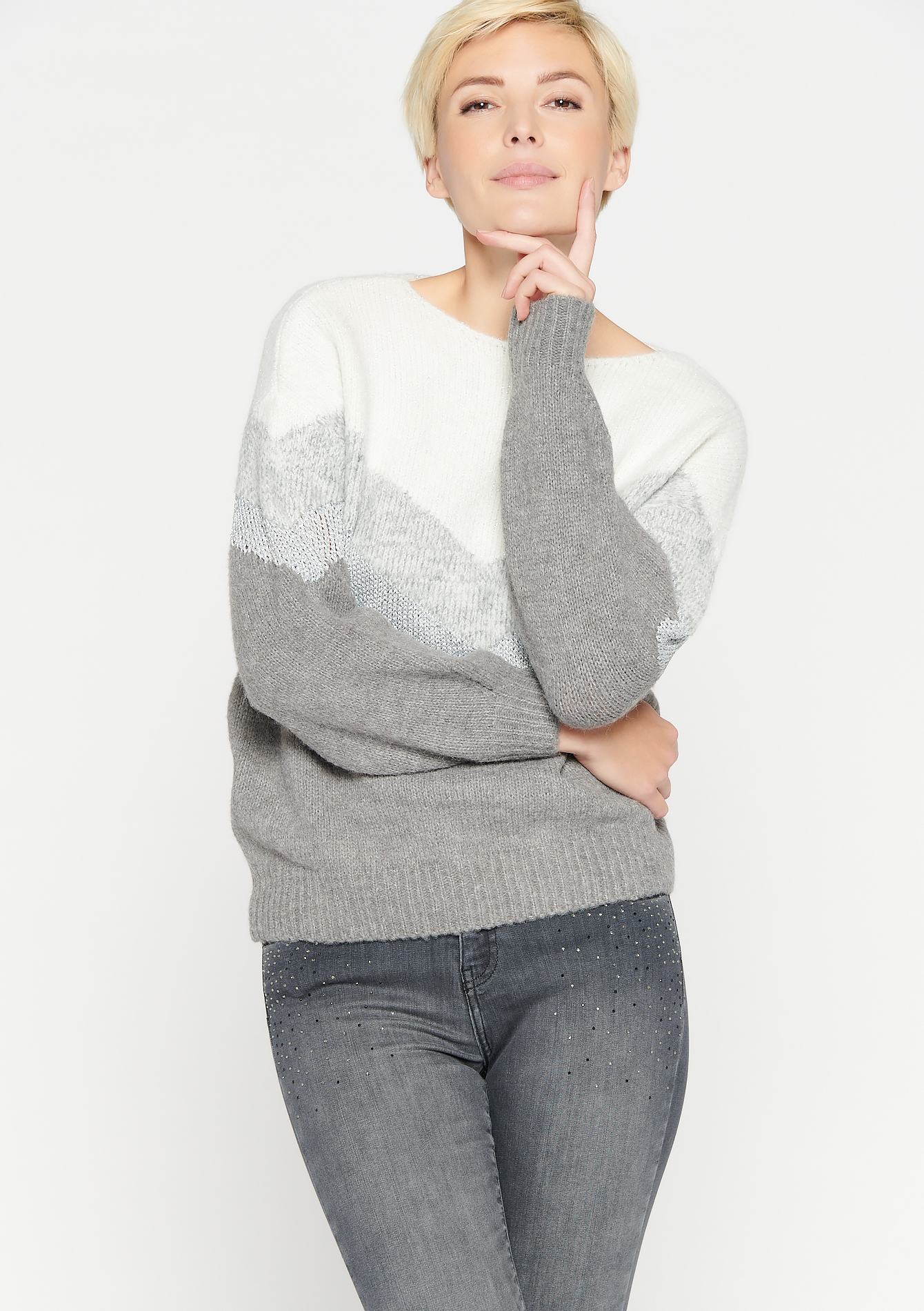 Color block sweater with lurex - MED GREY MEL - 04005339_1063
