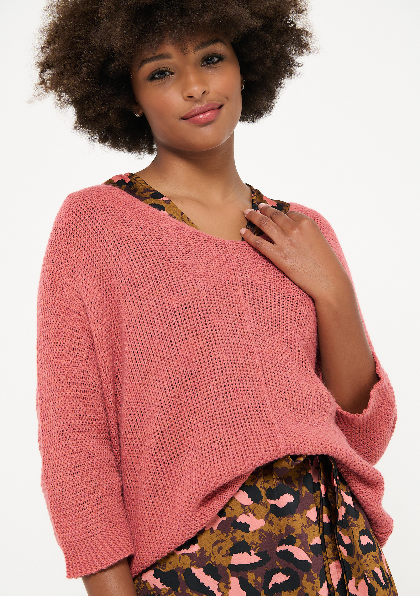 Three-quarter sleeve knitted jumper - PINK SALMON - 04005704_2538