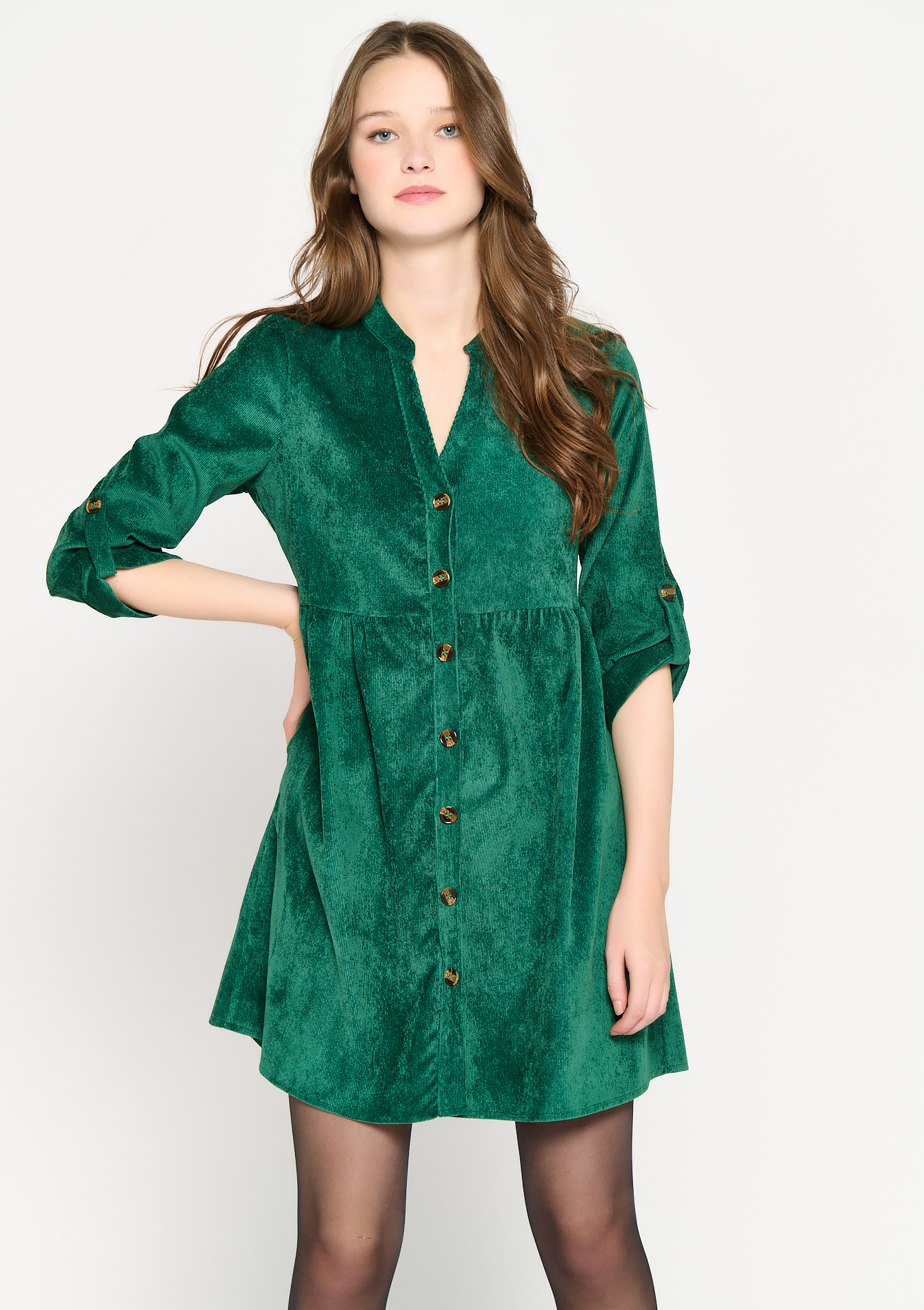 Corduroy jurk met driekwartsmouw - GREEN FOREST - 08102721_4624
