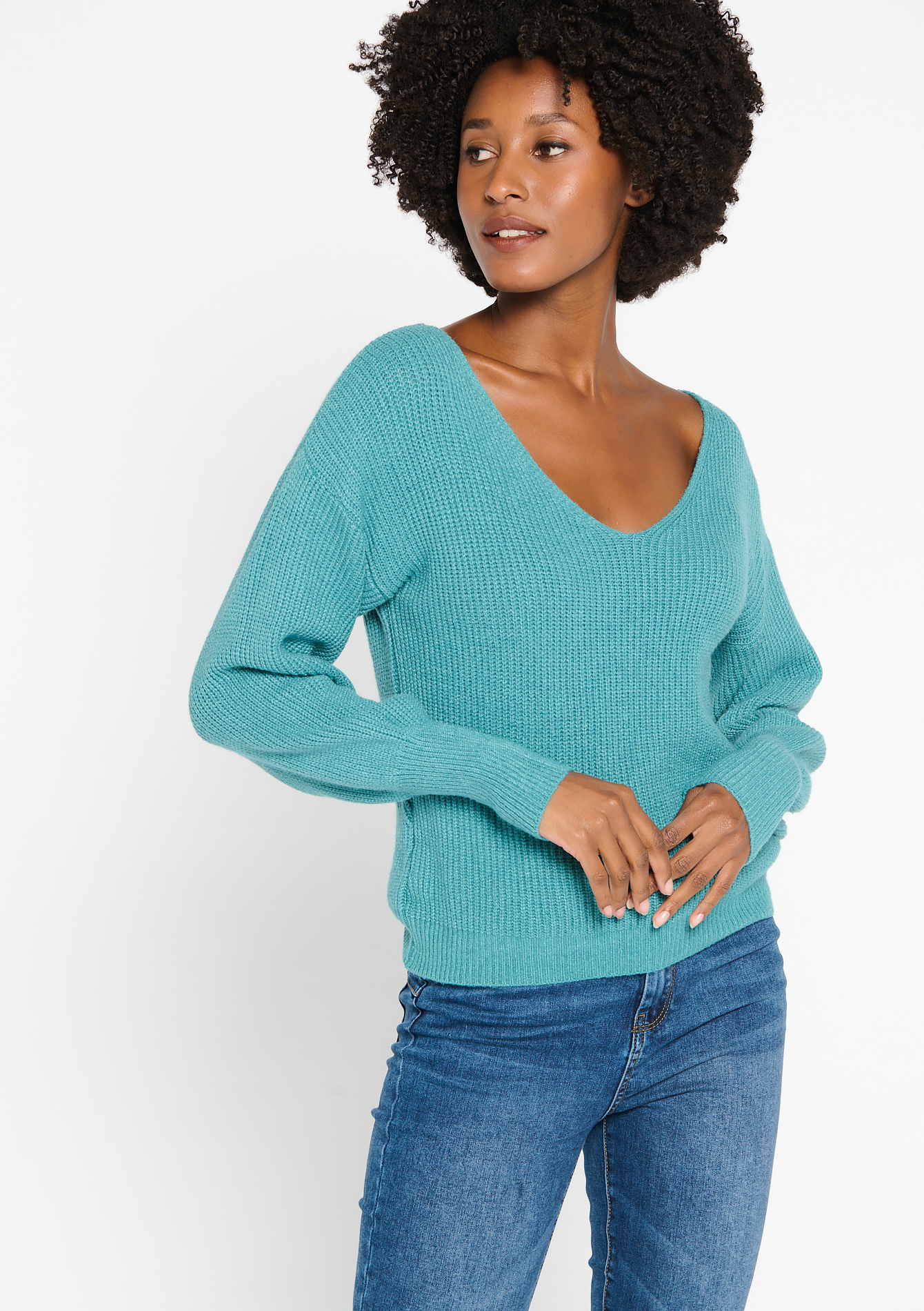 Knitted sweater with wide V-neck - BLUE DUCK - 04005694_2922