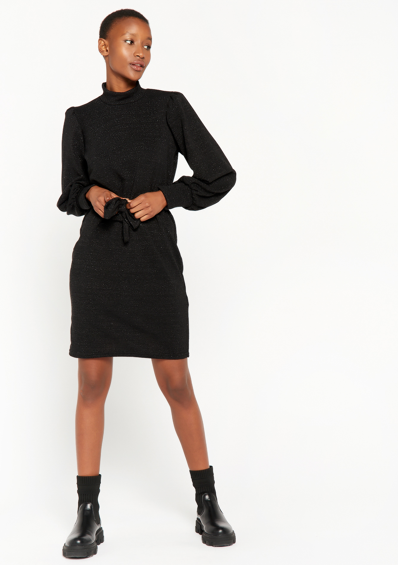 Turtleneck sweater dress with belt - BLACK - 08102757_1119