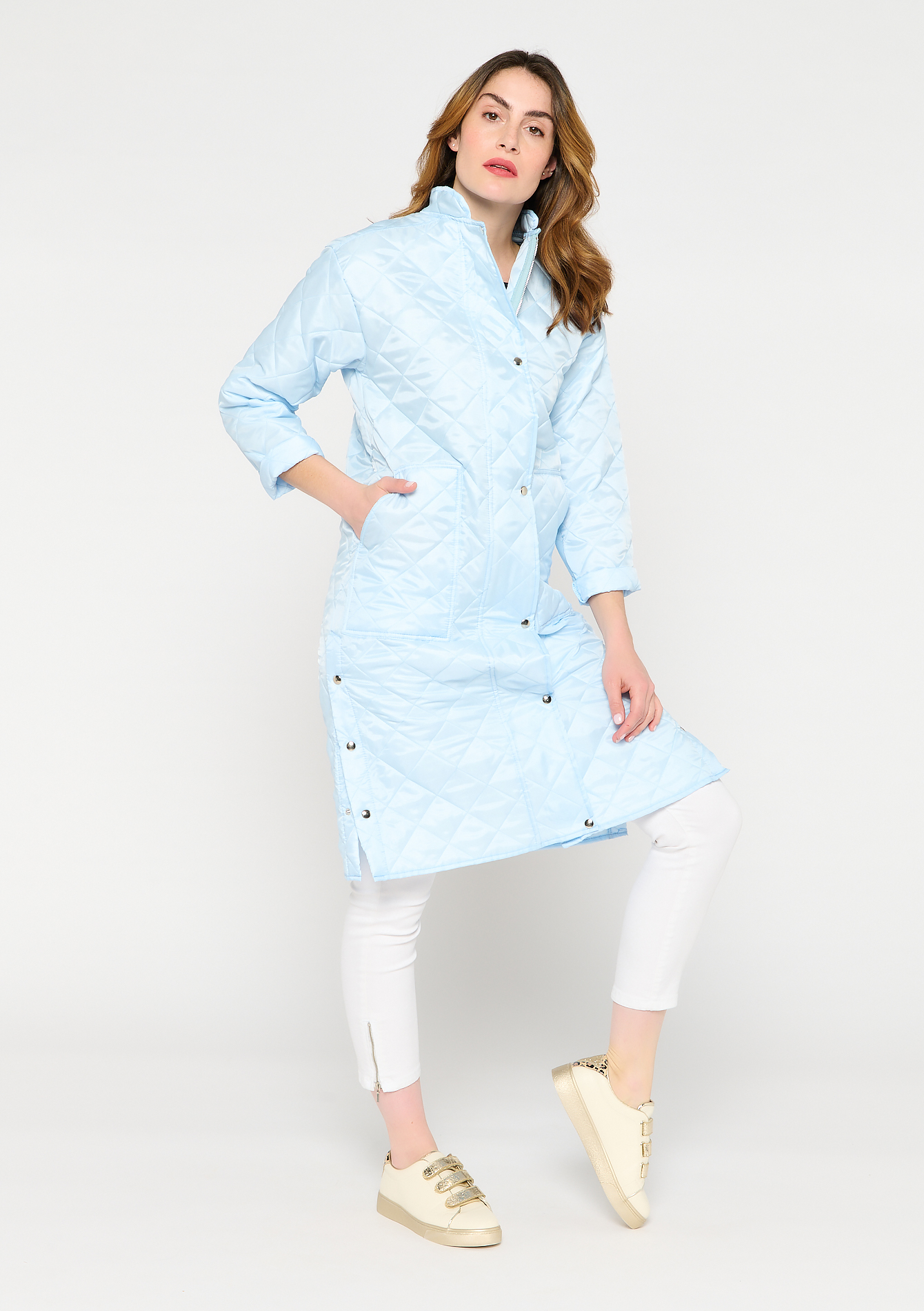 Long padded jacket with block motif - BLUE SKY - 23000377_3009