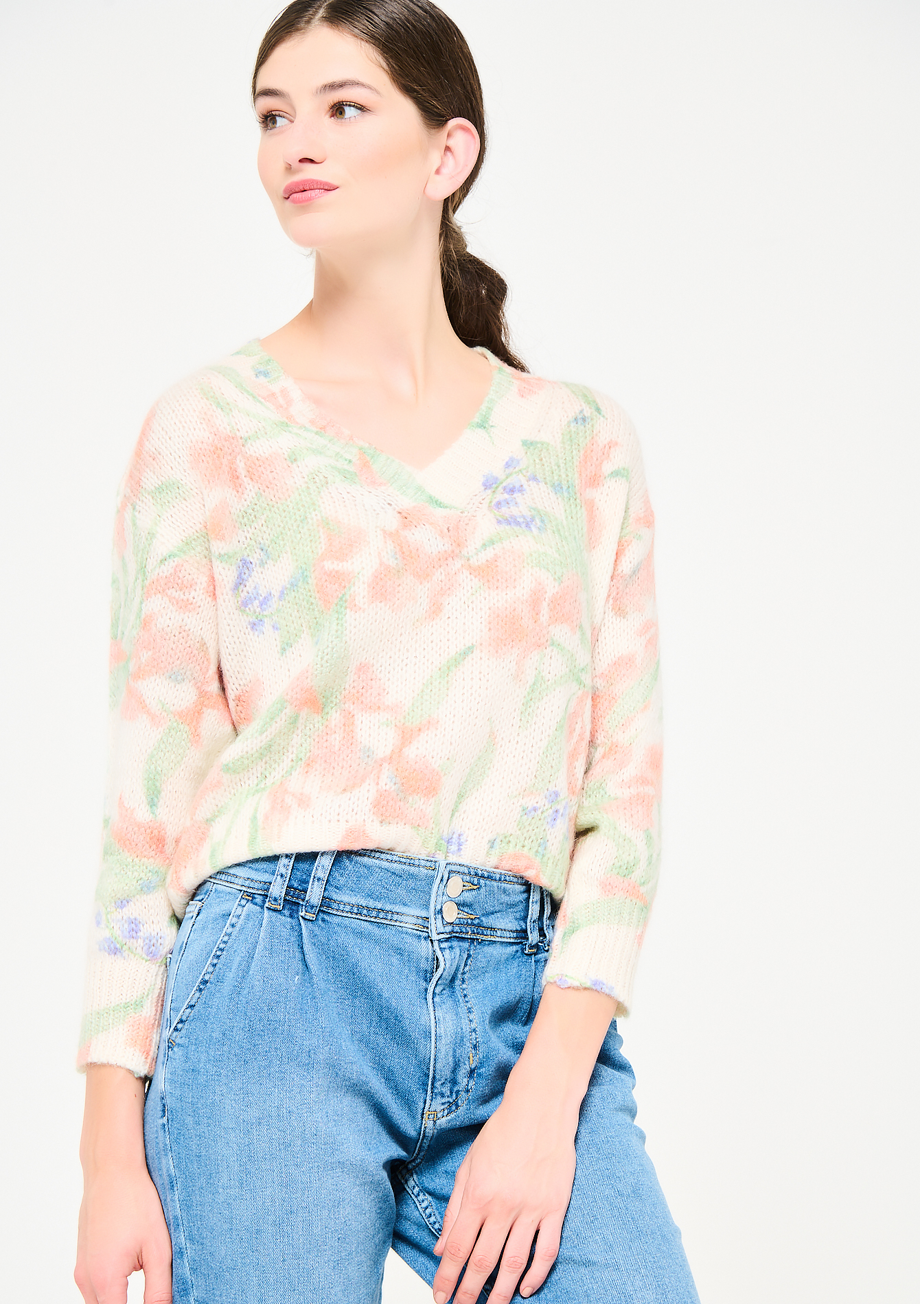Knitted jumper in floral print - OFFWHITE - 04005699_1001