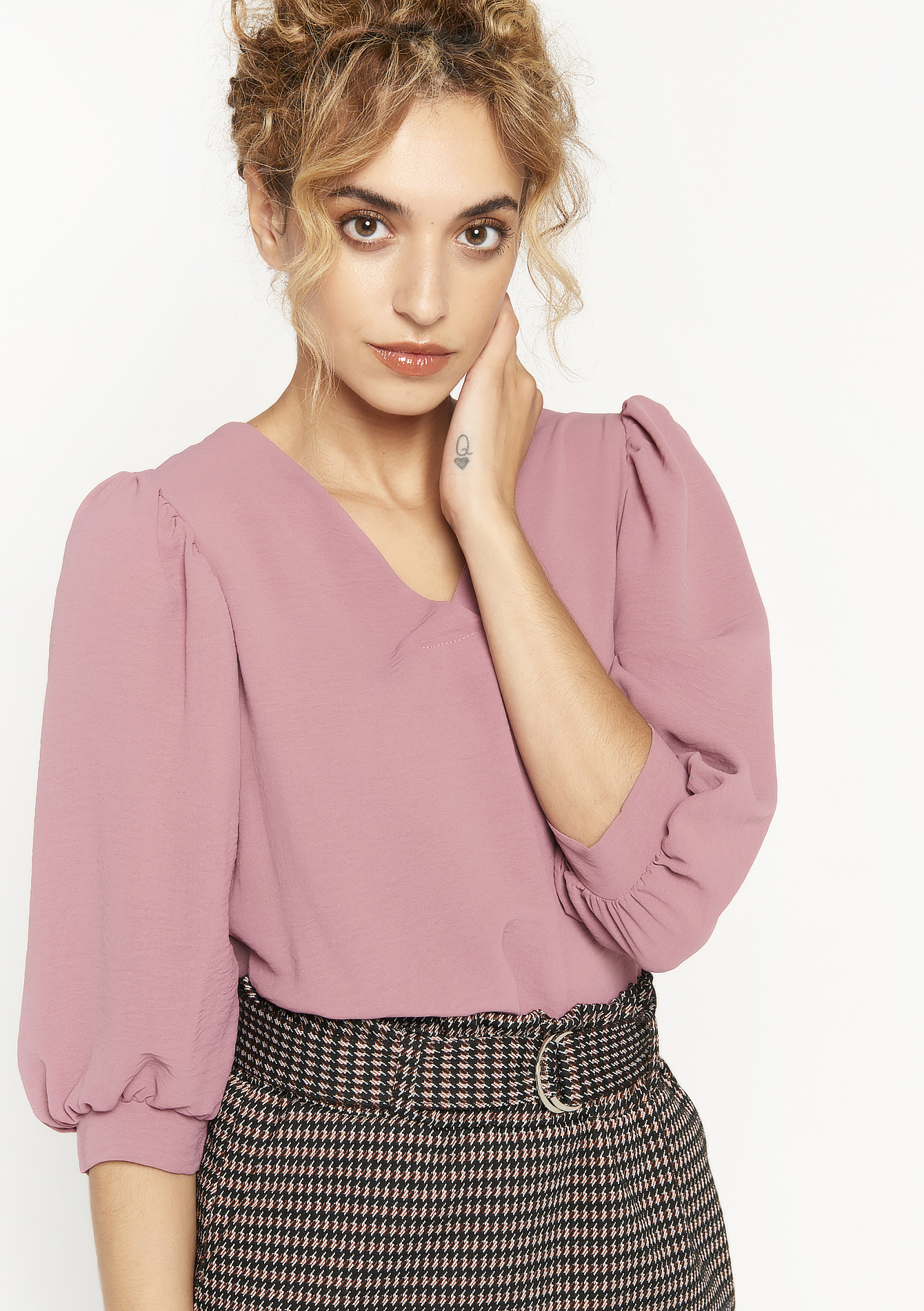 Blouse with puff sleeves - DUSTY ROSE - 05701764_5725