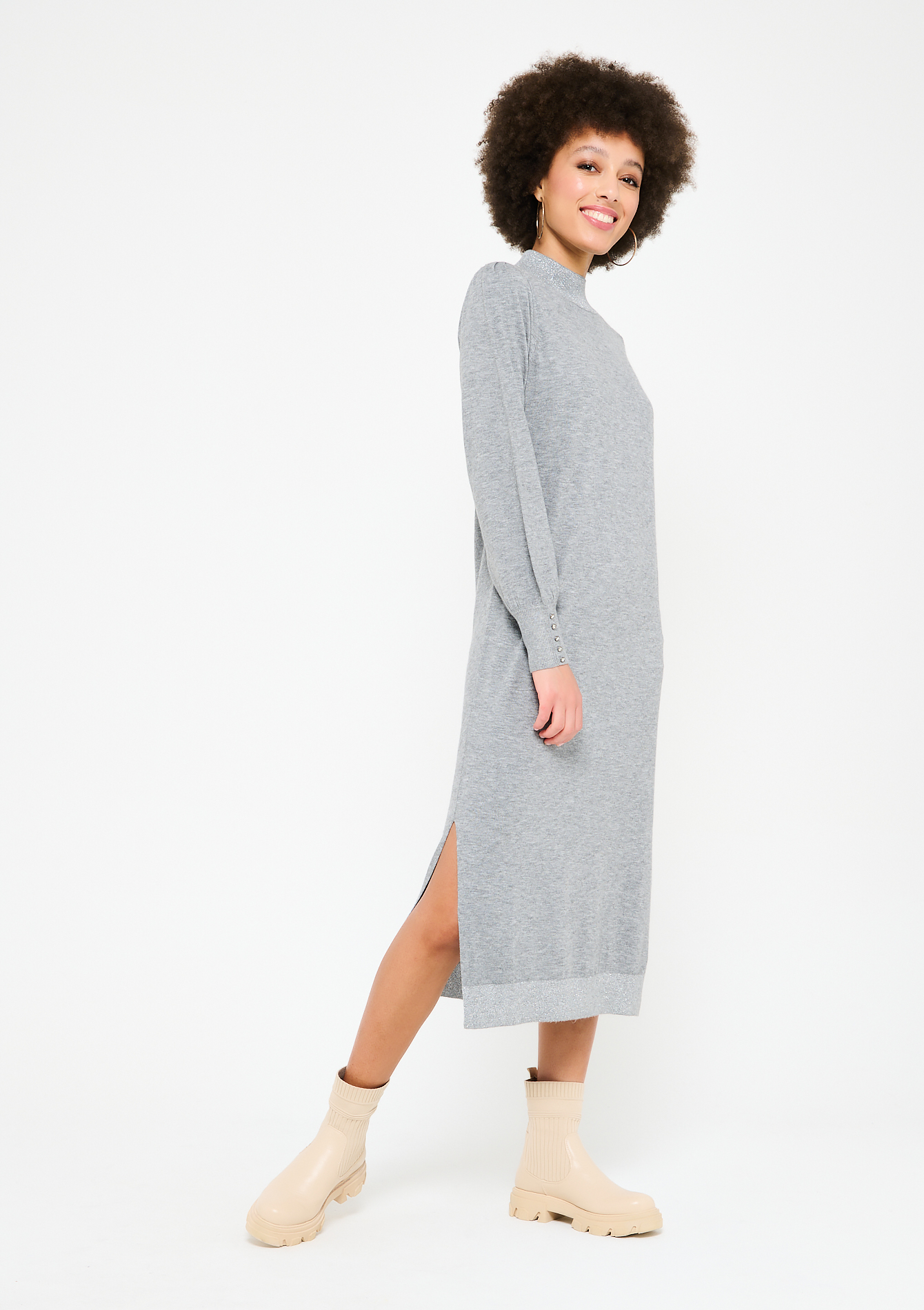 Long fine knit dress - LIGHT GREY MEL - 15100110_1061