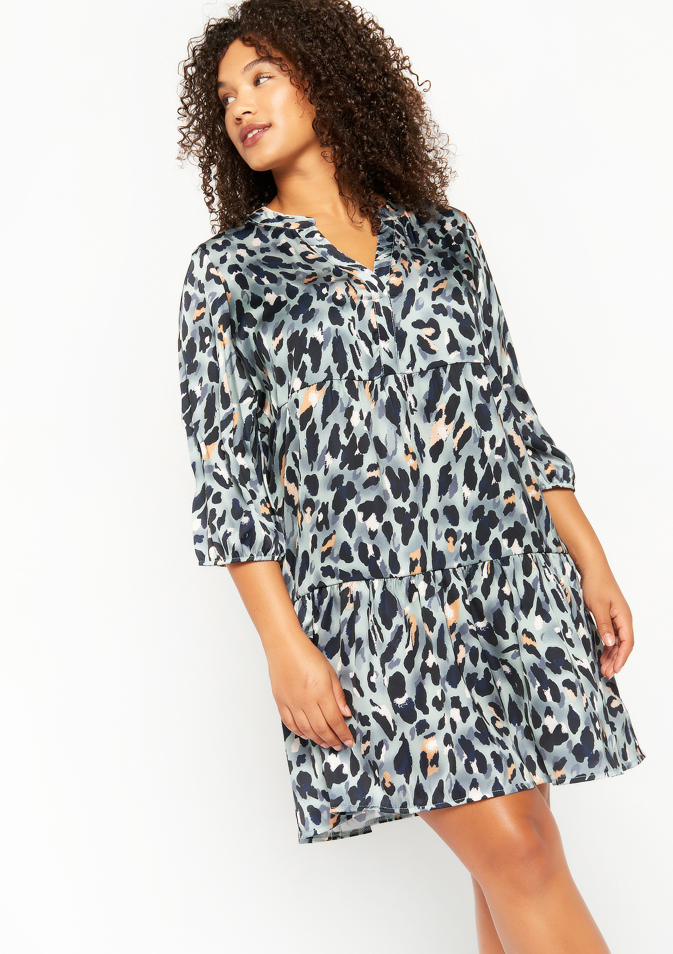 Babydoll jurk met luipaard print - ALMOND GREEN - 08102700_1724
