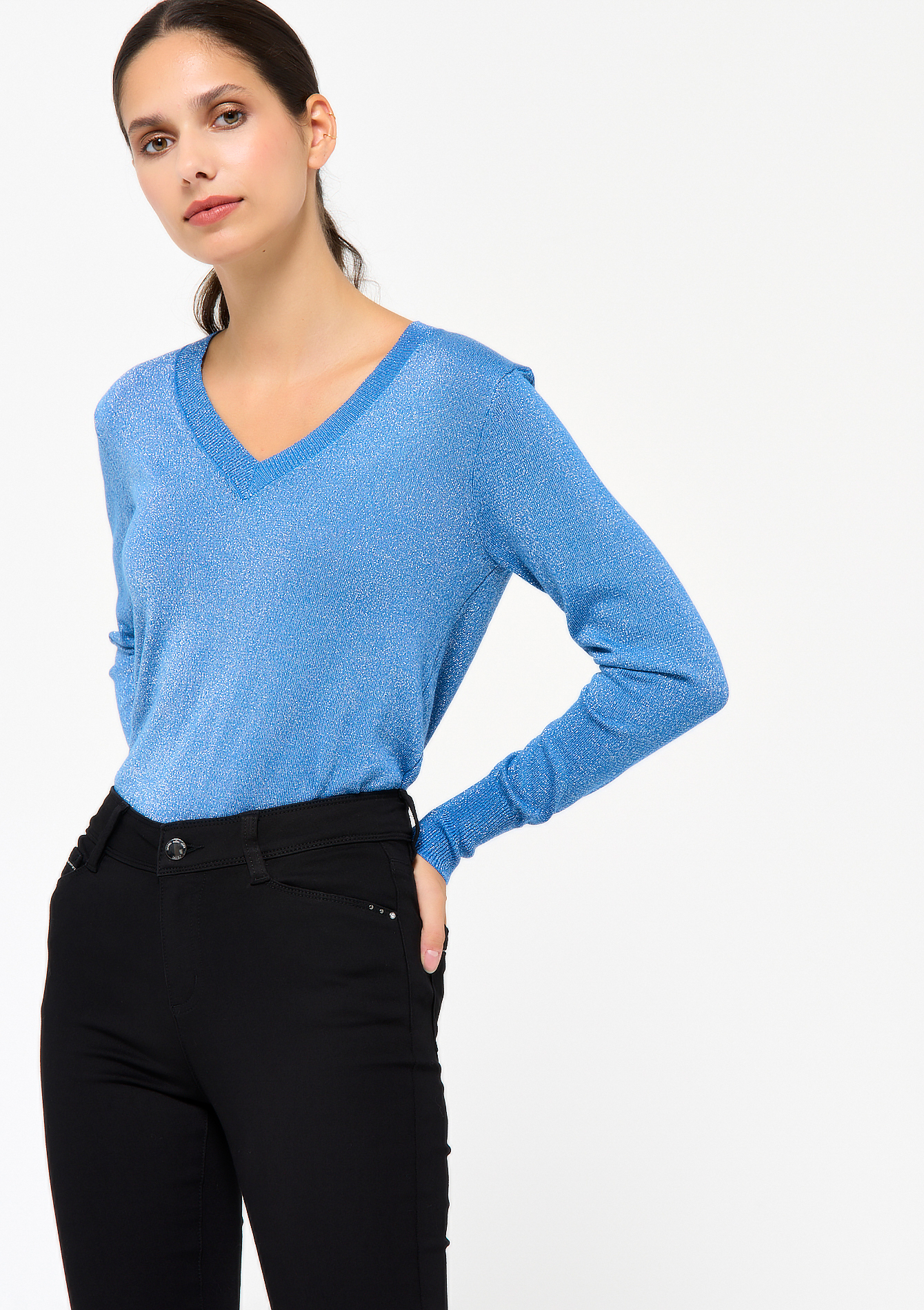 V-neck lurex sweater - BLUE ARTIC - 04005645_2900