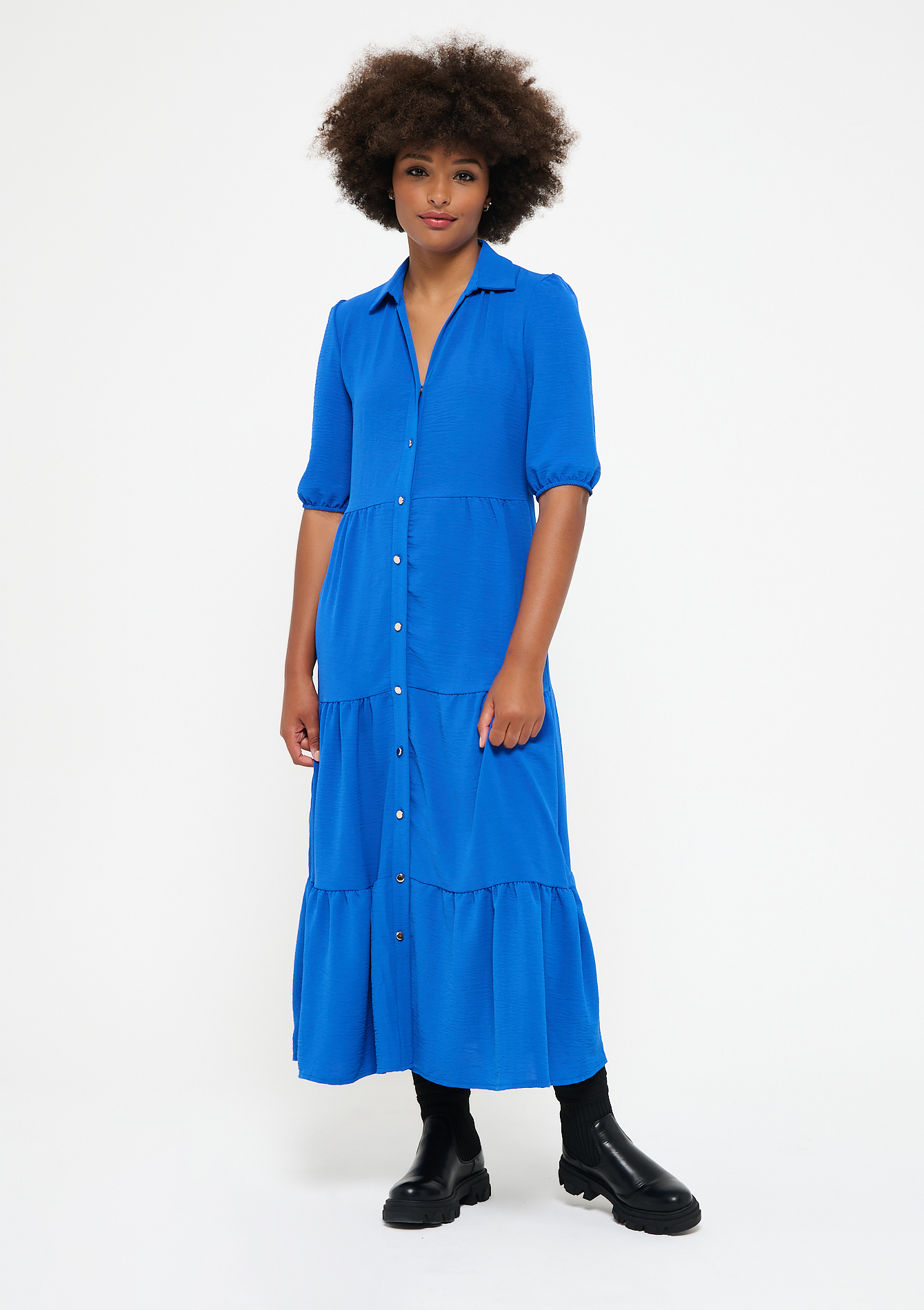 Robe chemise longue à manches courtes - ELECTRIC BLUE - 08601439_1619