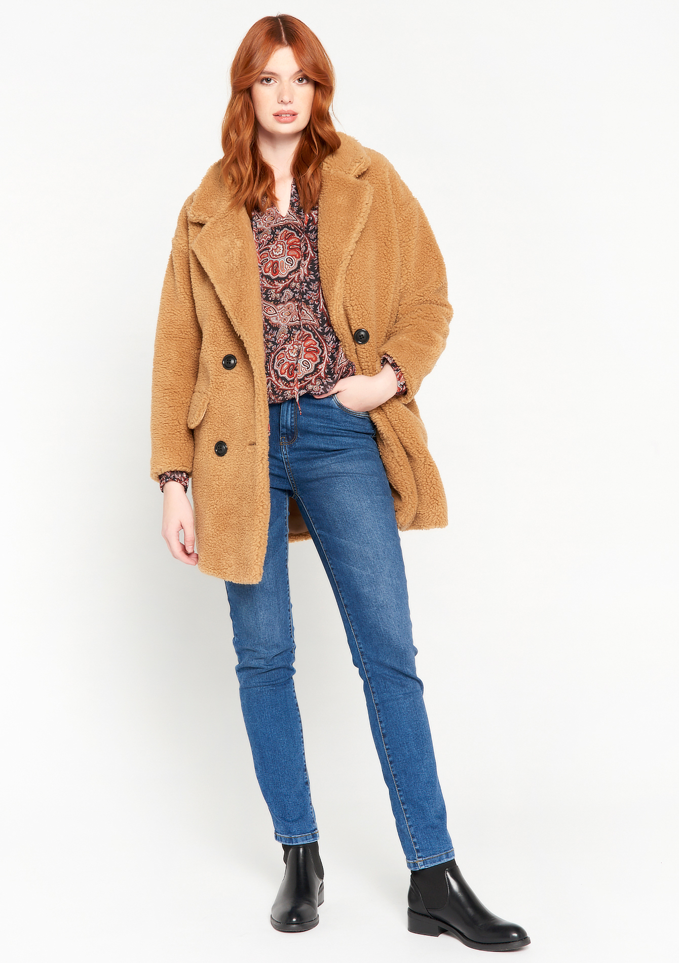 Manteau teddy mi-long avec col
